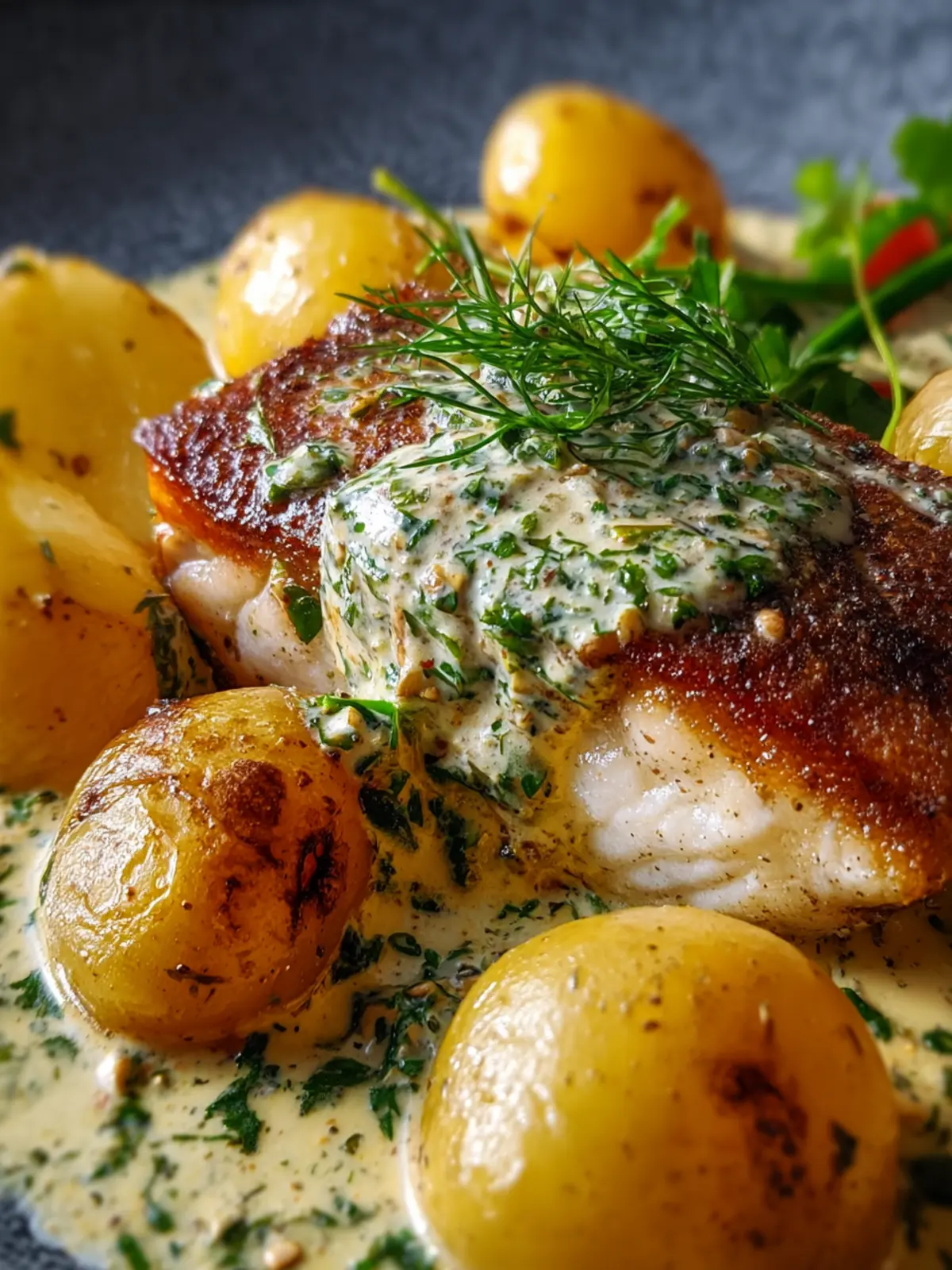 PAN-SEARED FISH WITH HERB CREAM SAUCE & BABY POTATOES – Discover the secret to a delicious meal! First Image